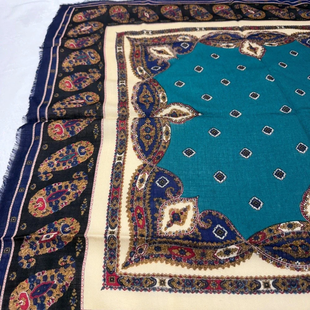 Echo 100% Wool Scarf Made in Japan Paisley Floral Teal Navy Blue Square 29x29